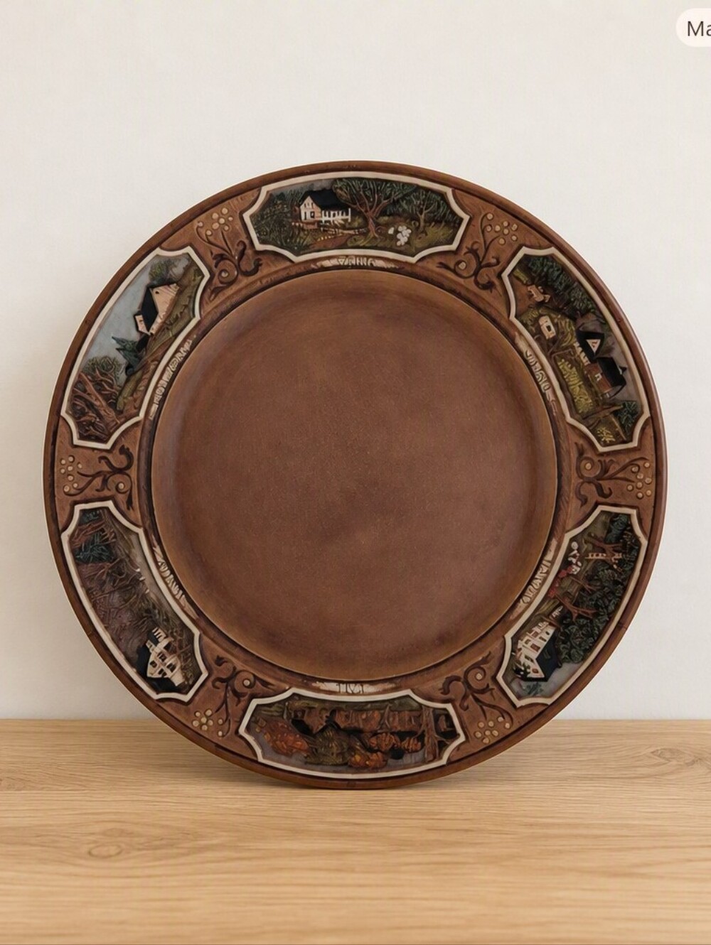 Decorative Wooden Scenic Accent Dinner Plate - Brown
